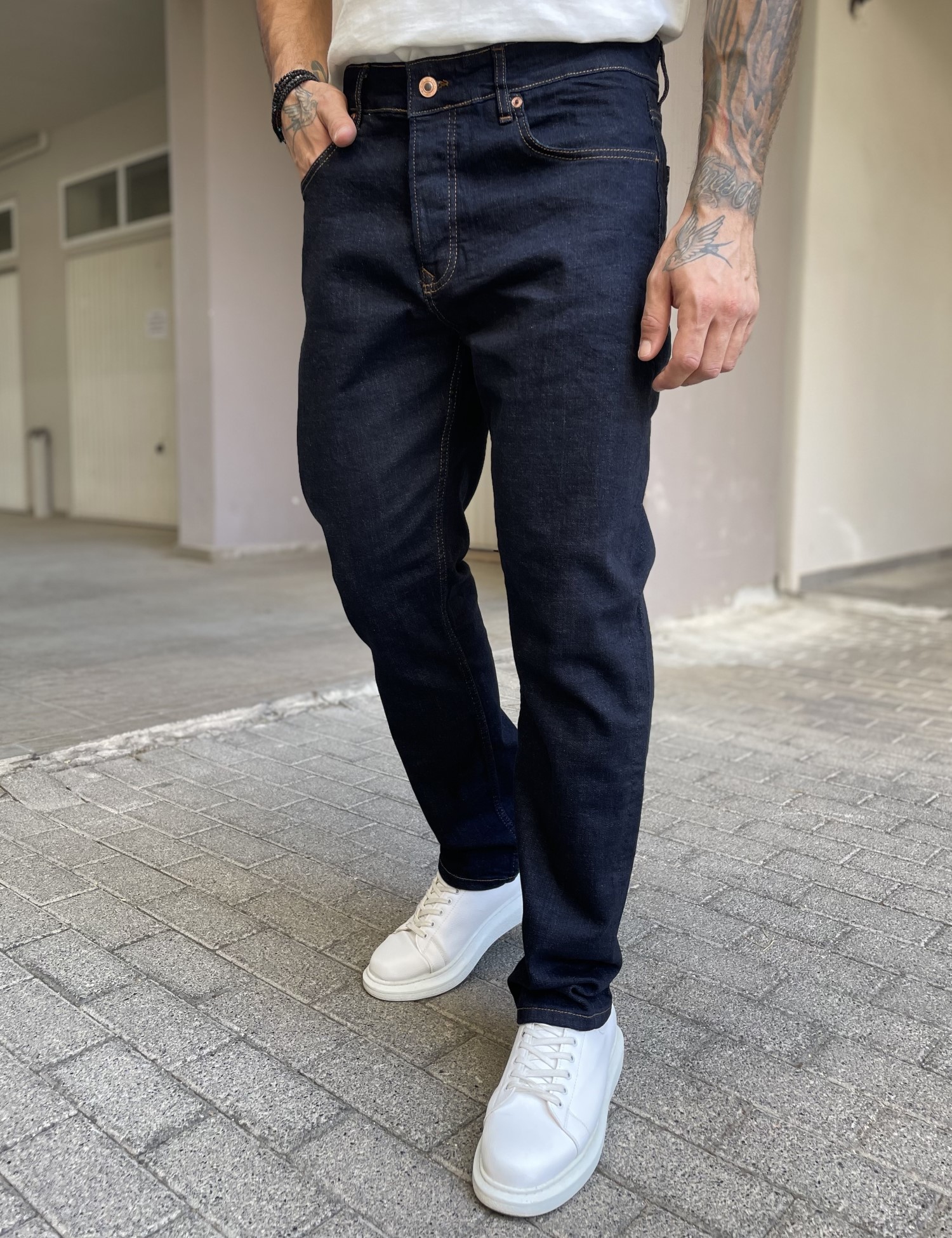 Ανδρικό blue black πεντάτσεπο τζιν παντελόνι ίσιο με κουμπιά 3LN2026 φωτογραφία